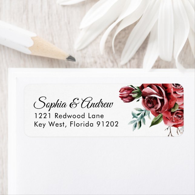 Étiquette Elegant Marsala Red Rose Rustic  Wedding Address (En situation)