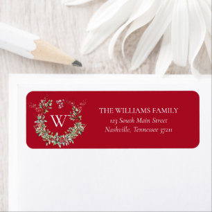 Étiquette Élégant Monogramme Noël Holiday Wreath Adresse
