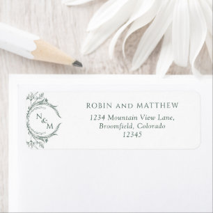 Étiquette Élégant Monogramme Vert Mariage Adresse de retour