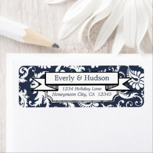 Étiquette Elegant Navy Blue Floral Damask Adresse de retour