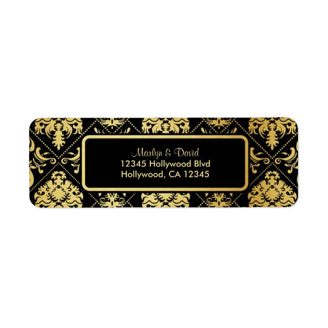 Étiquette Elégant noir et or Damask (Devant)