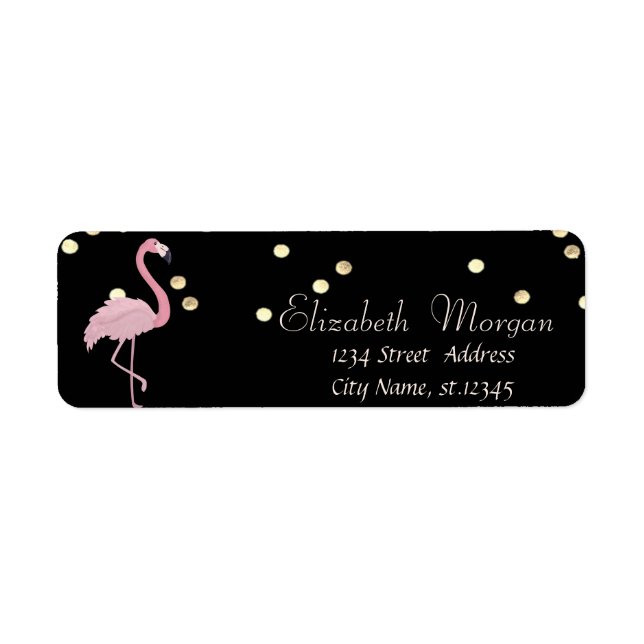 Étiquette Elégant Noir, Flamant rose rose Fux Gold Foil Conf (Devant)
