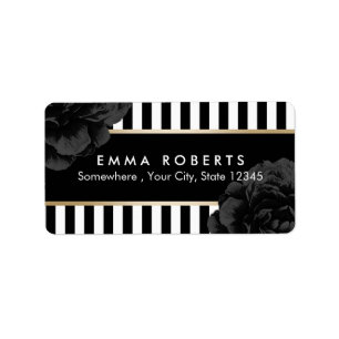 Étiquette Elégant noir floral moderne noir & blanc rayures