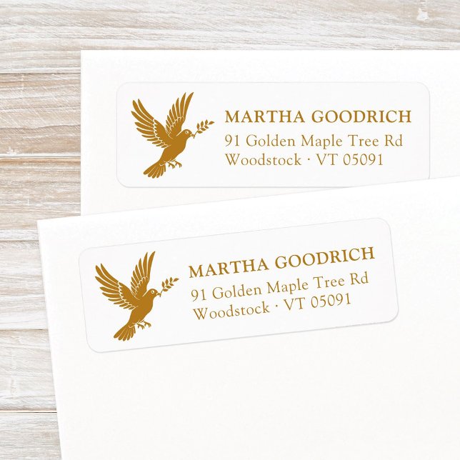 Étiquette Elegant Peace Dove Gold Christmas Adresse de retou (Stylish, elegant Peace Dove Christmas return address label template in antique gold. Peace on Earth.)