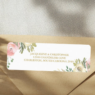 Étiquette Elegant Pink Floral Gold Wedding Return Address