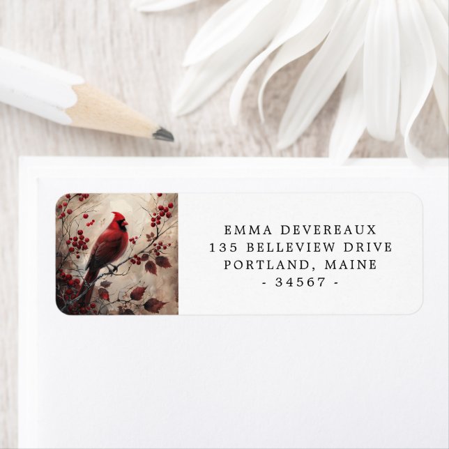 Étiquette Elegant Red Cardinal et Berries Adresse de retour (En situation)