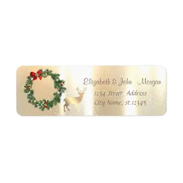 Étiquette Élégant, Rindeer de Noël Or, Wreath (Devant)