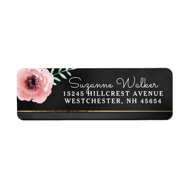 Étiquette Élégant rose et florale noire avec adresse or (Devant)
