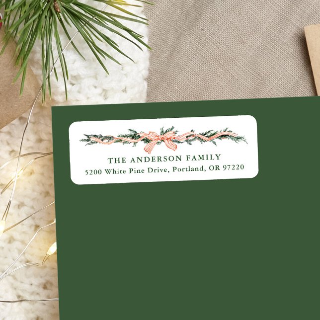 Étiquette Élégant rouge rayé Bow Noël Adresse de retour (Créateur téléchargé)