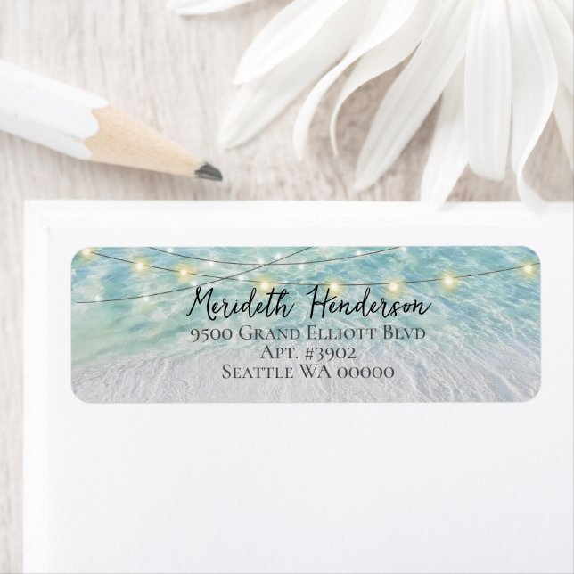 Étiquette Elégant Sandy Beach SeaGlass Lights Script Mariage (En situation)
