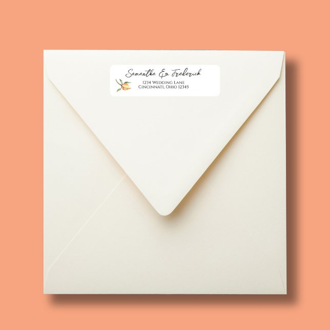 Étiquette Élégant script de calligraphie de mariage (Peach floral wedding return address labels.)