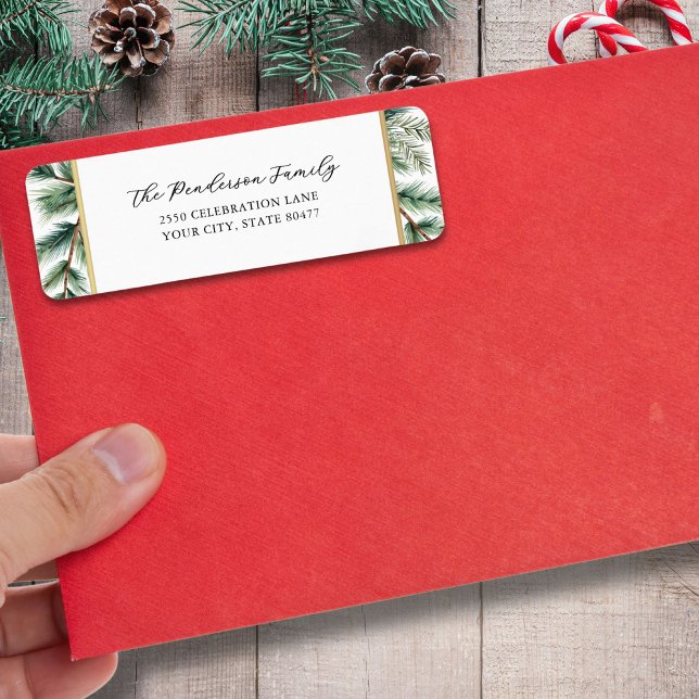 Étiquette Élégant Script Holiday Pines Gold Frame personnali (Créateur téléchargé)