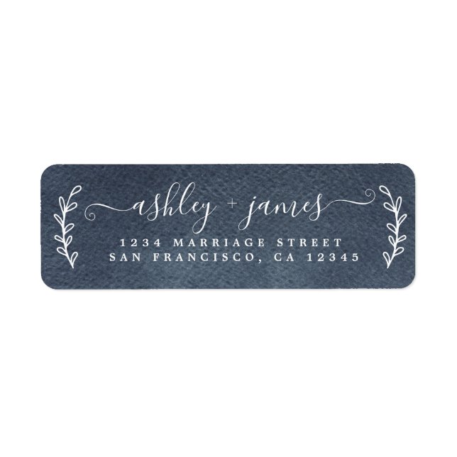 Étiquette Élégant Script Mariage bleu foncé Adresse de retou (Devant)