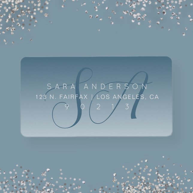 Étiquette Élégant Script Monogram Ombre Blue Adresse de reto (Créateur téléchargé)