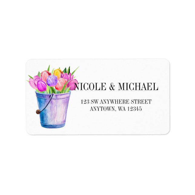 Étiquette Élégant seau rempli de tulipes d'aquarelle mariage (Devant)
