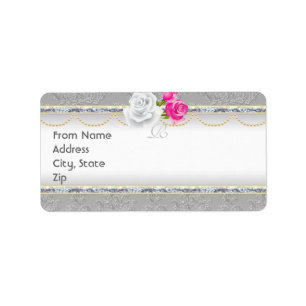 Étiquette Elegant Silver Damask et Rose Monogram Adresse