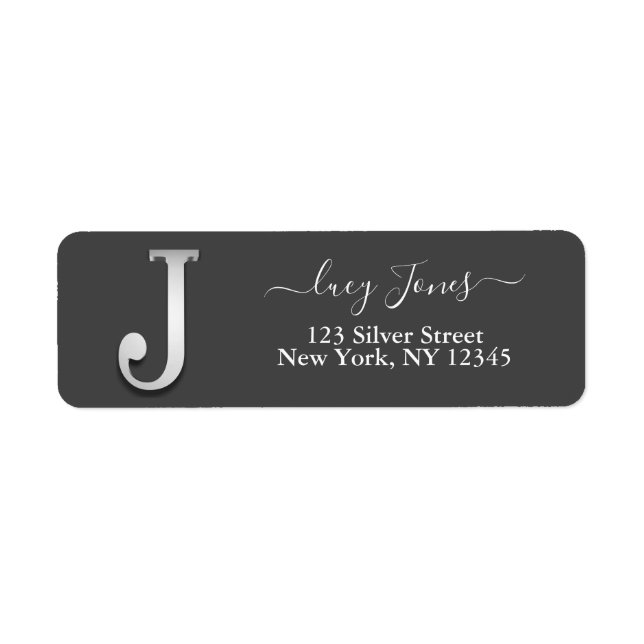 Étiquette Élégant Silver Personnalisé Monogramme J Nom (Devant)