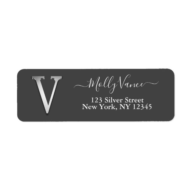 Étiquette Élégant Silver Personnalisé Monogramme V Nom Étiqu (Devant)
