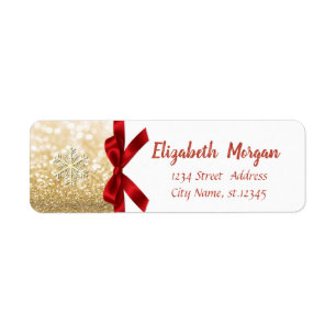 Étiquette Élégant Snowflake, Red Bow Gold Parties scintillan