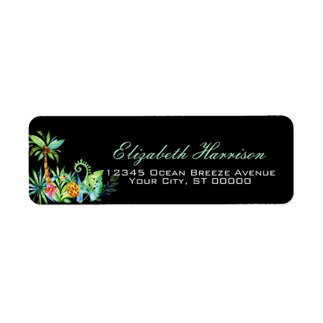 Étiquette Elégant Tropical Floral Black Adresse de retour (Devant)