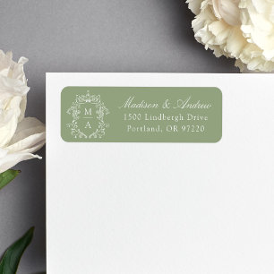 Étiquette Élégante adresse de mariage au monogramme vert sau