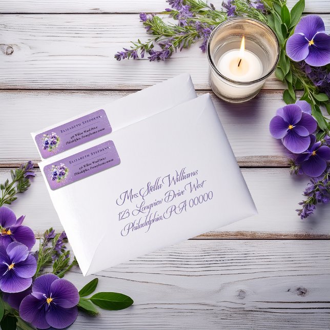 Étiquette Élégante adresse de retour florale de violettes vi (Elegant Boho Purple Violets Lavender Floral Return Address Labels)