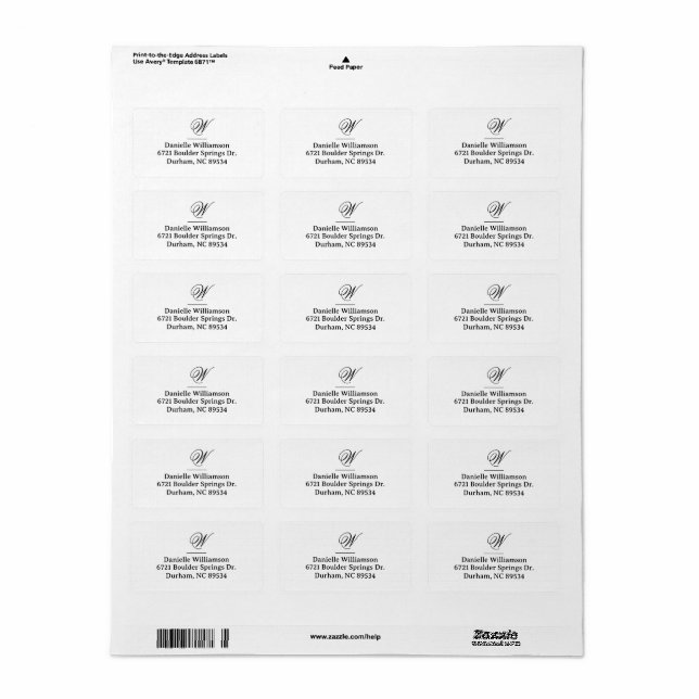 Étiquette Élégante adresse de retour initiale en script mono (Feuille entière)