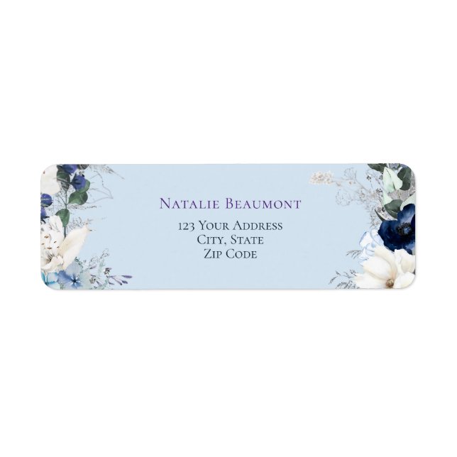 Étiquette Elégante aquarelle bleu Dusty Floral (Devant)