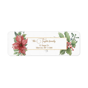 Étiquette Elégante aquarelle Poinsettias & Holly