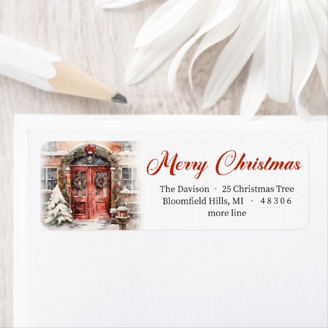 Étiquette Elégante aquarelle Porte rouge de Noël dans la vil (En situation)