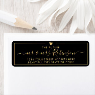 Étiquette Élégante Black Gold Script Mariage Adresse de reto