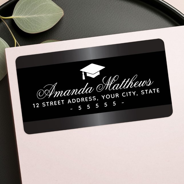 Étiquette Élégante bordure noire et gris satiné (Elegant graduation black and satin gray border label)