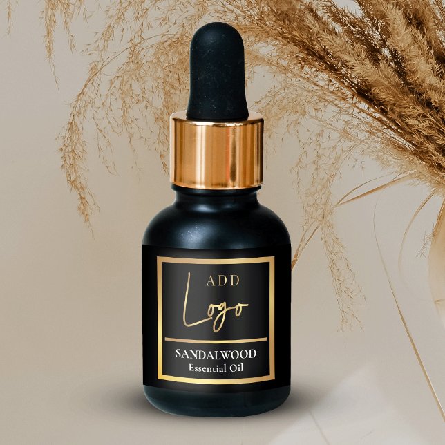 Étiquette Élégante bouteille de gouttelette d'huile essentie (Stylish black and gold effect essential oil dropper bottle stickers with logo and product info)