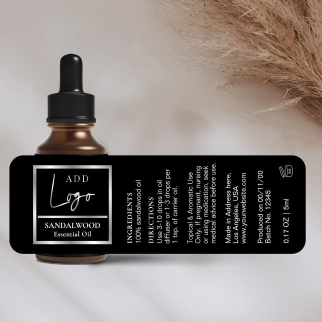 Étiquette Élégante bouteille de gouttelette d'huile essentie (Elegant small 1 OZ dropper bottle wraparound label in black and silver *verify label size*)