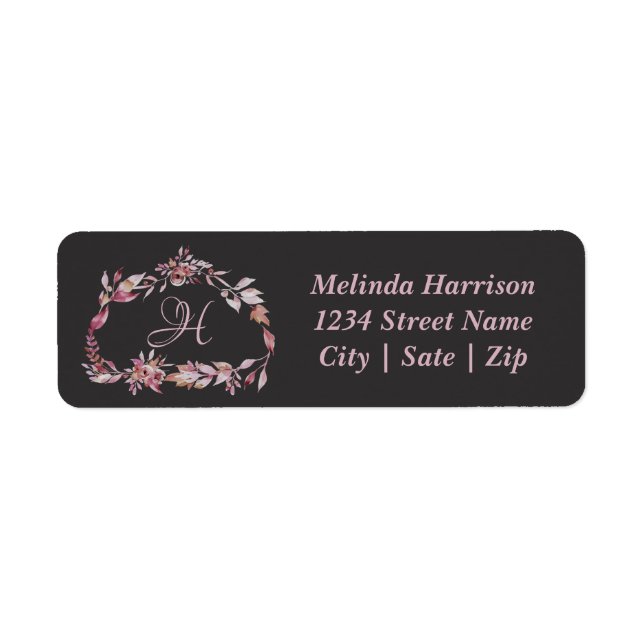 Étiquette Élégante couronne florale Monogramme Adresse de re (Devant)