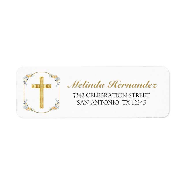 Étiquette Elégante Croix d'or Florale 1ère Sainte Communion (Devant)