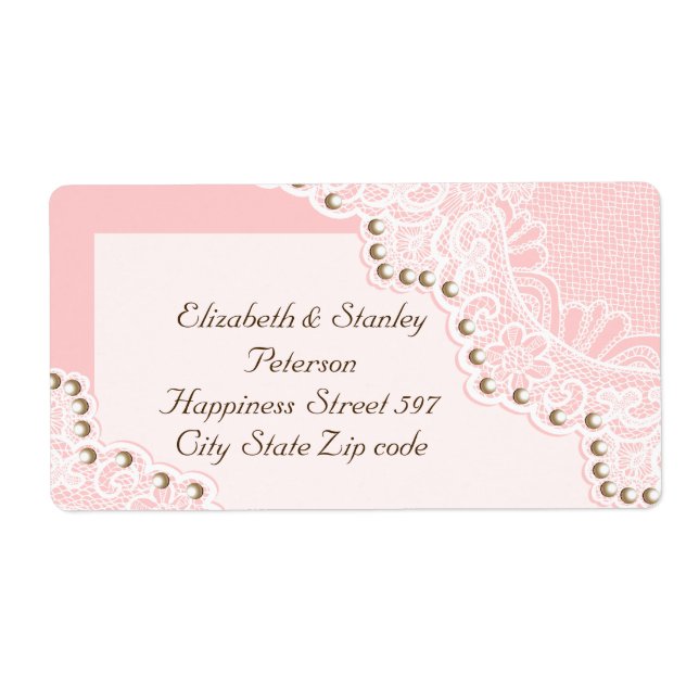Étiquette Elégante dentelle blanche avec perles rose mariage (Devant)