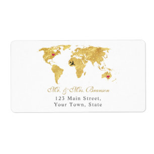Étiquette Elégante Destination Mariage Gold Carte du monde
