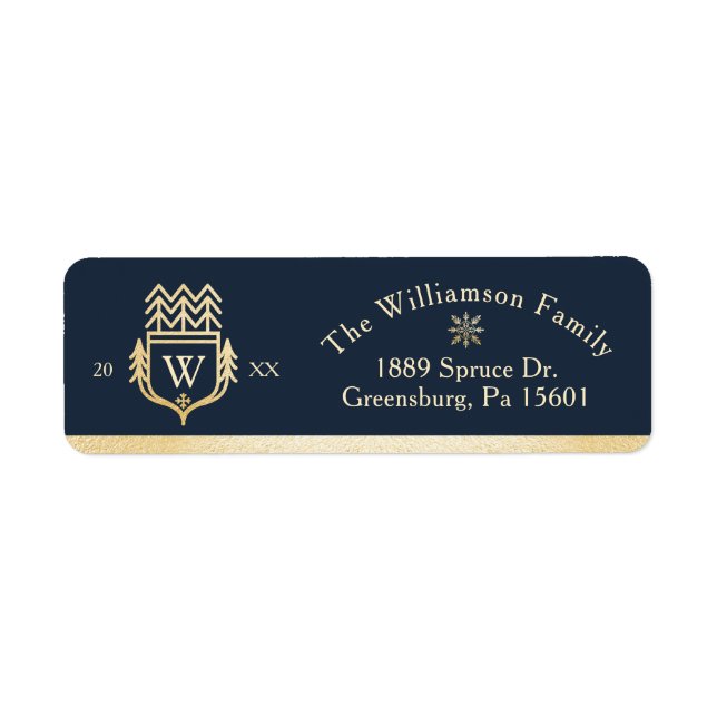 Étiquette Elégante et Regal Family Crest Gold & Navy Snowfla (Devant)