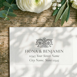 Étiquette Élégante Fleur de Mariage Vintage Gris Adresse de 