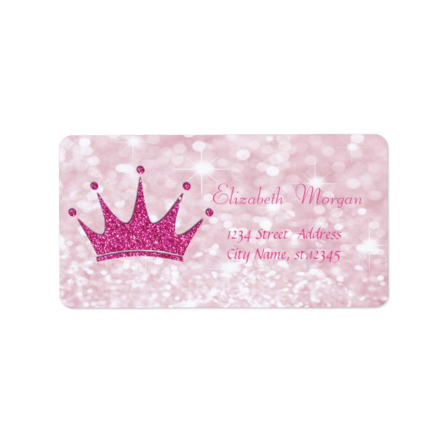 Étiquette Élégante Glitterie rose Fille, Bokeh, Tiara (Devant)