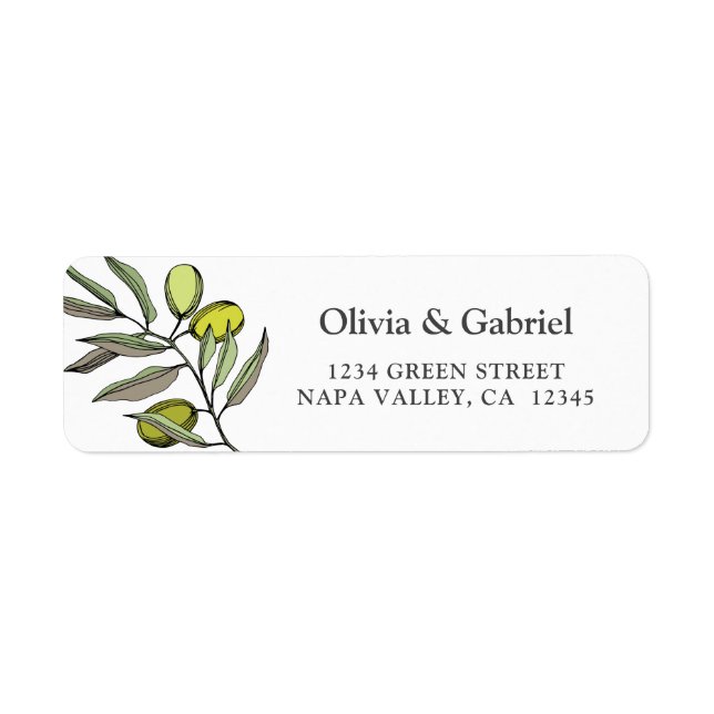 Étiquette Elégante olive. Adresse mariage simple botanique (Devant)