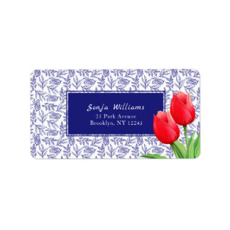 Étiquette Elégante Tulipes Rouges Printemps Floral Bleu