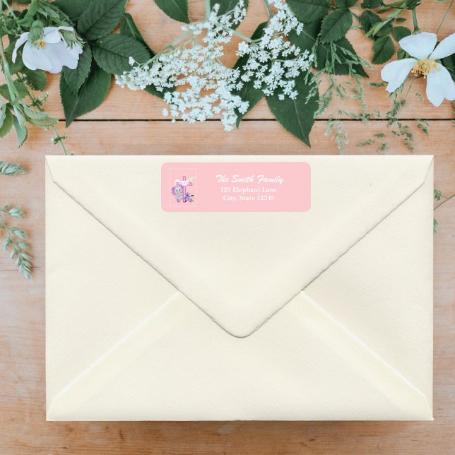 Étiquette Eléphant De Bébé Rose Avec La Colombe Et Le Baptêm (Créateur téléchargé)