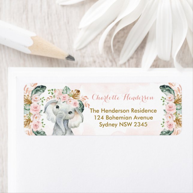 Étiquette Eléphant Floral Rose Blush Boho Baby Girl (En situation)