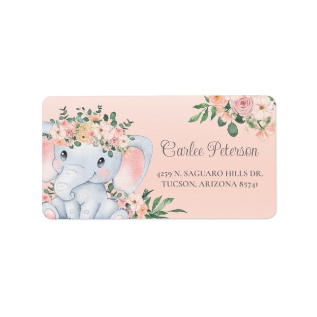 Étiquette Elephant Rose Floral Baby shower Adresse de retour (Devant)