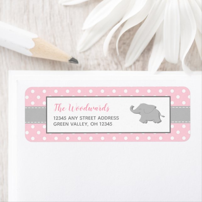 Étiquette Eléphant rose Gris Polka Dot Girl Baby shower (En situation)