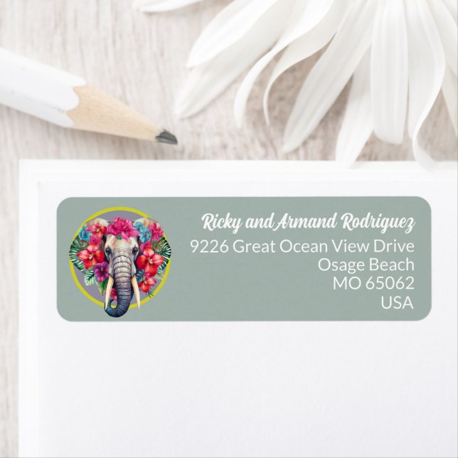 Étiquette Elephant tropical flowers lovers blue custom (En situation)