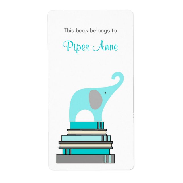 Étiquette Eléphant turquoise et gris sur la plaque de livre (Devant)