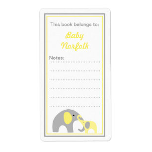 Étiquette Eléphants Mère et Bébé Gris Jaune Plaques de livre